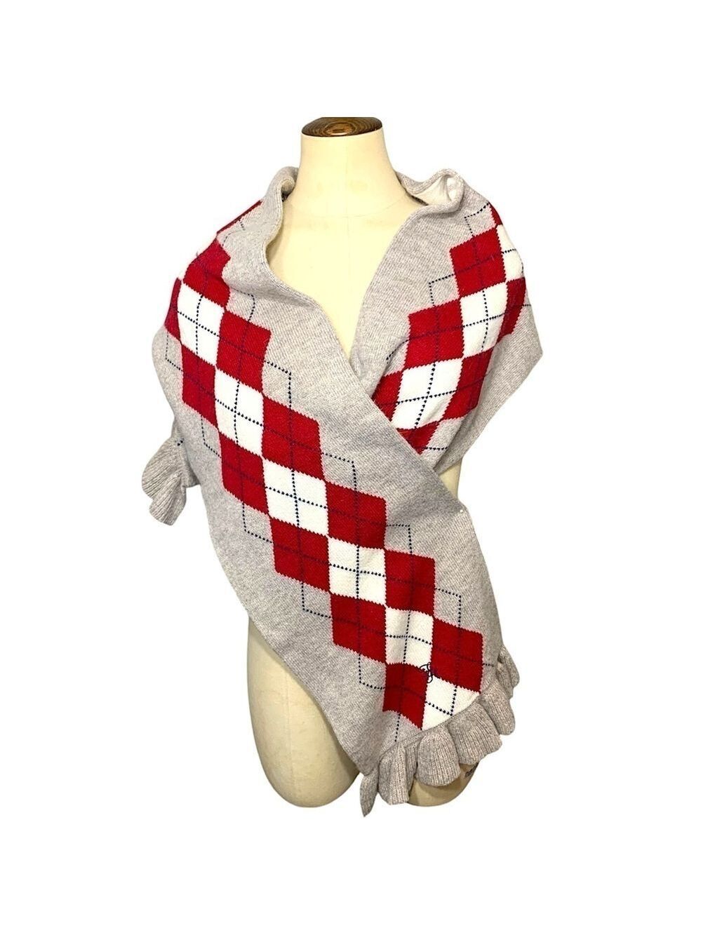 Tommy Hilfiger Knit Scarf Wrap O/S Tan red Scottish Plaid Wool Blend Ruffle Hem